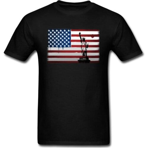 Statue Of Liberty American Flag Red Stripe White Star Print Men Black T-shirt Short Sleeve Tees Shirt Retro Vintage