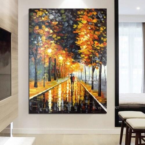 Handmade Landscape Painting On Canvas handmade Lover Rain Street Tree Lamp Knife painting Wall picture Living Room Home Decor