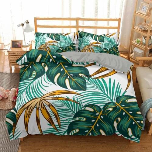 Nordic Tropical Green Plant Leaf Print Bedding Set Modern Bed Cover Duvet Cover Set with Pillowcase Quilt Covers Bedclothes
