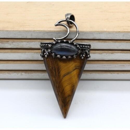 Trendy-beads Antique Silver Plated Moon Geometric Shape Natural Tiger Eye Stone Pendant Marquise Labradorite Jewelry