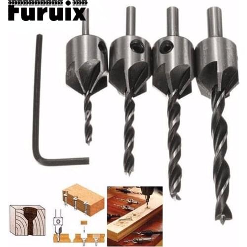 Countersink Drill Bits Set- 4Pcs Counter Sink Bit for Wood High Speed Steel, Woodworking Carpentry Reamer With 1 Hex Key Wrench