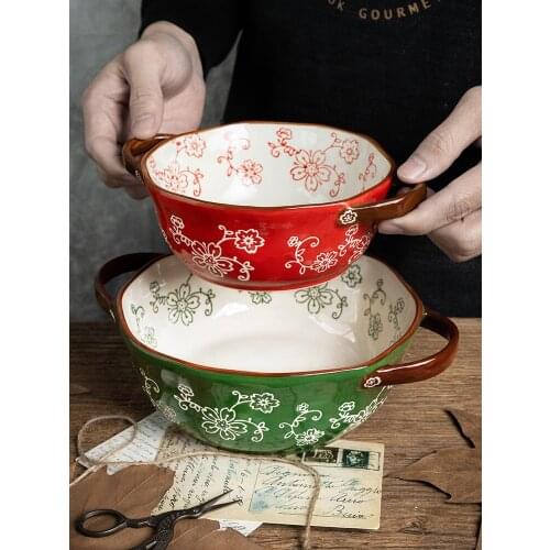 New Cherry Pattern Bianual Handle Ceramic Dessert Bowl Household Creative Pasta Soup Salad Bowl Red Green