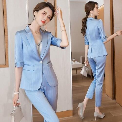 IZICFLY New Summer Style Pink Champagne Stripe Business Half Blazer Set Women Slim Office Pants Suit Work Wear 2 Piece-Thin