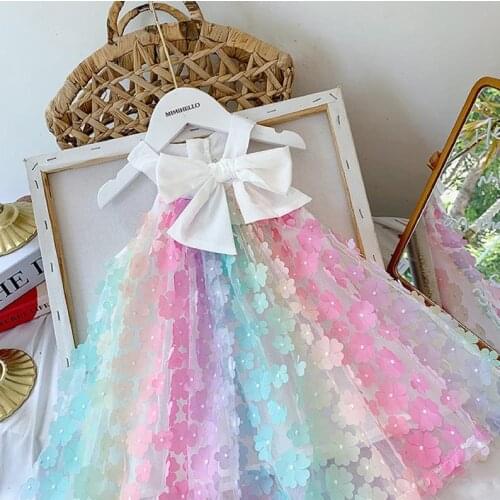 Toddler Baby Girl Sleeveless Dress Cute Bow Front 3D Flower Rainbow A Line Dresses Princess Birthdays Sundress