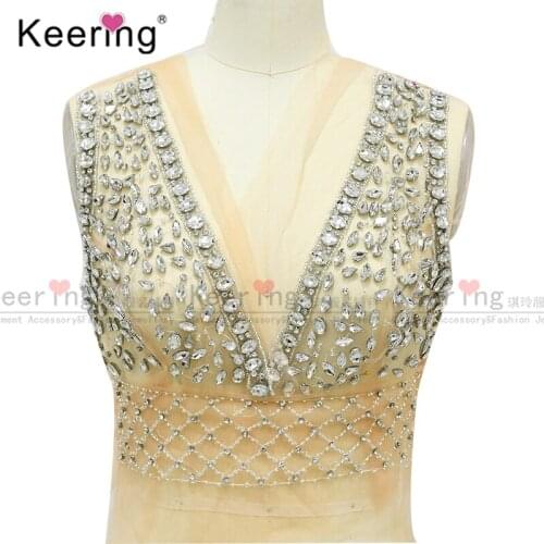 Deep v sexy silver big rhinestone fabric bodice applique for evening dress panel WDP-263