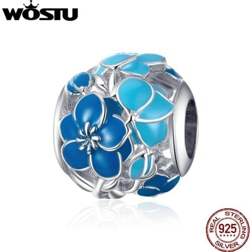 WOSTU Blue Blossom Flower Beads 100% 925 Sterling Silver Charm Fit Original Bracelet Pendant Silver DIY Jewelry Making CTC087