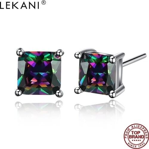 LEKANI Zirconia Earrings For Women Pure Copper Multicolor Square Shape Noble Fashion Lady Jewelry Send Girlfriend Gift Hot Sale