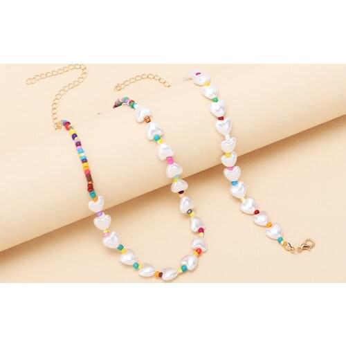 2021 New Bohemian Love Imitation Pearl Necklace Bracelet 2-piece Set Womens Retro Fashion Beach Friendship Handmade Jewelry