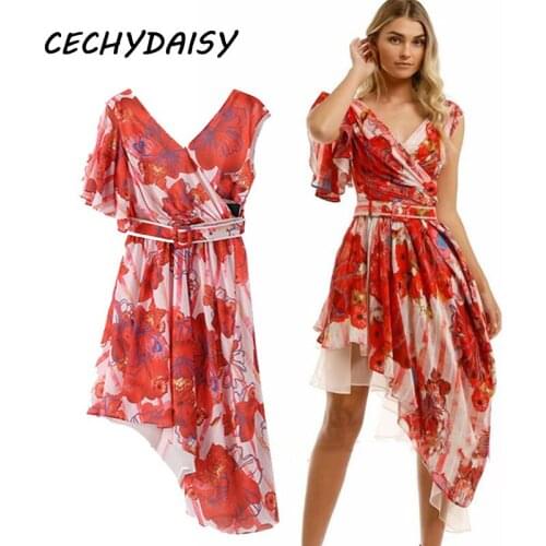 Sexy V Neck Red Floral Print Dress Women Asymmetry Backless High Waist Sleeveless Party Night Dresses Elegant Clothes Y2k Robes
