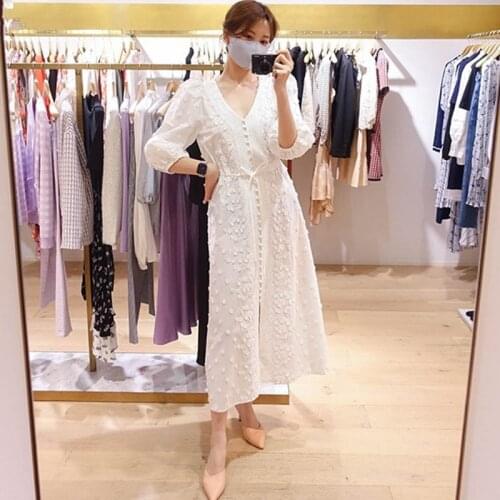 French Summer Women White V-Neck Floral Embroidery Spliced Long Dress High Version Ladies Slim Elegant Dress New Dresses ML159