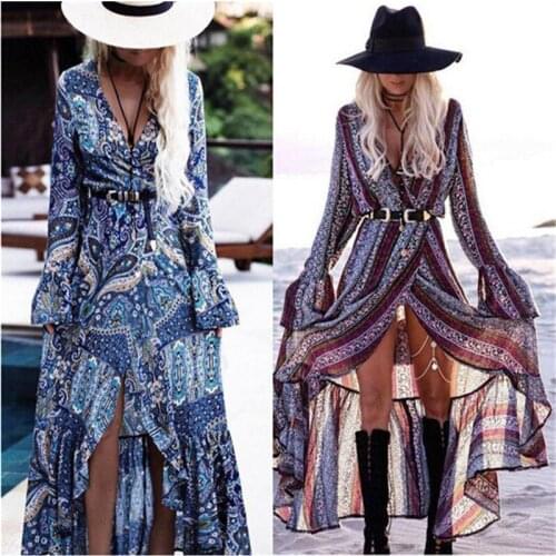 Women Summer Dress Boho Style Women Long Maxi Evening Party Dress Sexy Vintage Floral V Neck High Split Beach Dresses Vestidos