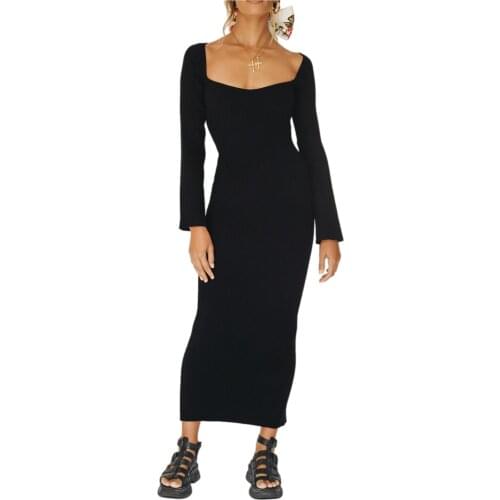 Women Close-fitting Long Dress Solid Color Square Collar Long Sleeve White/ Black