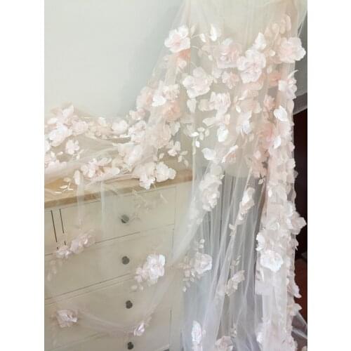 1Yards 3D beaded tulle Lace Fabric for wedding dress French African sequins embroidery laces fabrics off white lace 1 Yard