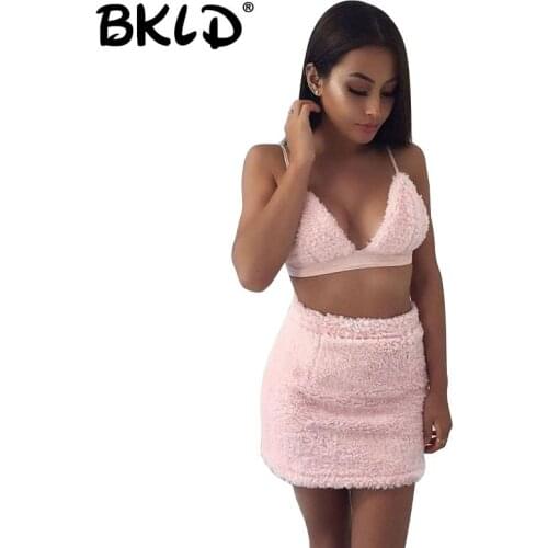 BKLD Pink Two Pieces Set Women 2018 New Arrival V-neck Tank Crop Top Sexy Package Hip Mini Skirt Women Clothing Club Plush Sets