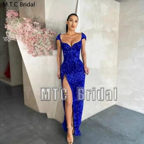 Sparkly Royal Blue Prom Dresses With Slit Straight Sweetheart Sexy Long Formal Gowns Plus Size Sequin Evening Party Dress