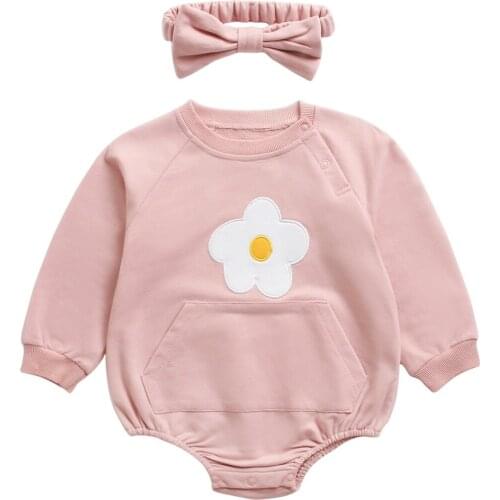 Toddler Baby Girls Bodysuit Newborn Boys Long Sleeve O-neck Solid Suit Flower Cute Twins Wholesale Clothes Jumpsuit + Hairband