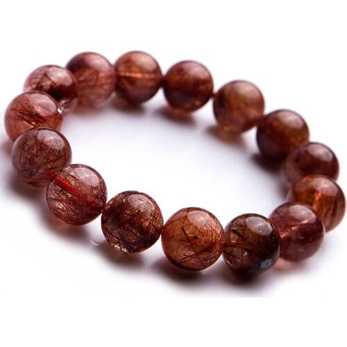 14mm Genuine Natural Copper Hair Rutilated Quartz Women Jewelry Crystal Stretch Bracelet