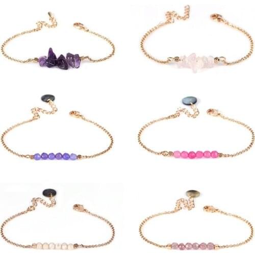 Colorful Beads Bracelet Ethnic Style Small Amethyst Pink Gemstone Beads Bracelet Gold Chain Boho Jewelry Summer Accessories Gift