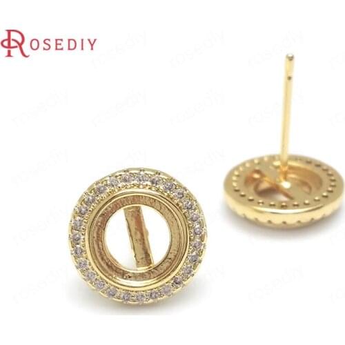 C471)4 pieces 11mm 24K Gold Color Brass and Zircon Can Fit Beads Round Circle Stud Earrings High Quality Diy Accessories