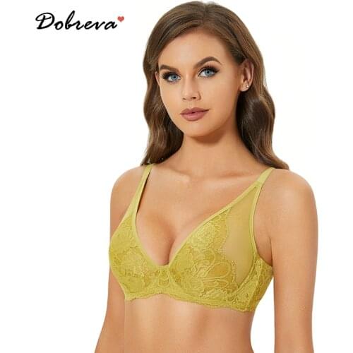 DOBREVA Womens Sexy Unlined Mesh Lace Bra Underwire Plus Size Minimizer Non Padded Full Coverage