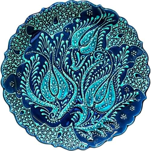 Tile Handmade Embossed Patterned Ceramic Plate Turquoise Color Motif with Dark Blue Background 25 Cm Turkish Gift