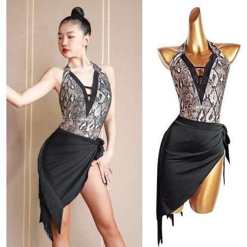 Latin Dance Performance Costume Suit Snake Print Leotard Tassel Bandage Skirt Dancewear Tango Samba Practice Clothing VDB3650