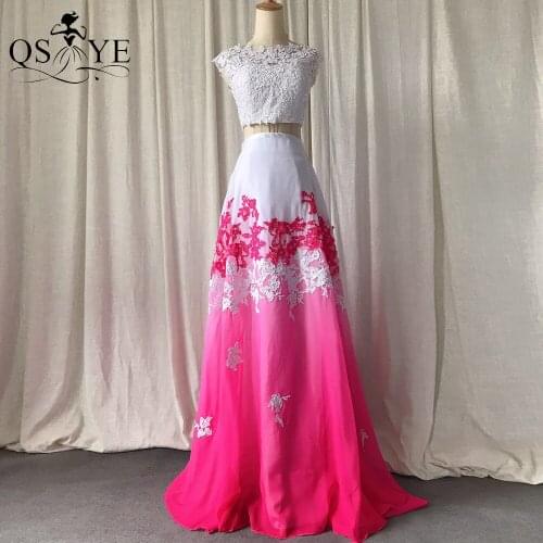 Colorful Fushia Prom Dresses Long Chiffon Evening Dress Open Back Party Gown White Lace Formal Dress Two Pieces Scoop Neck Gown