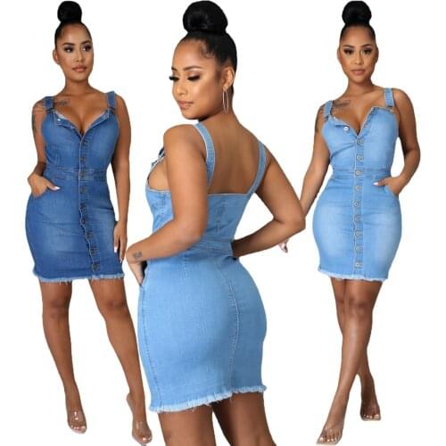 Chiclover Summer Fashion Clothes Denim Dresses for Women Wholesale Items Washed Sexy Suspender Button Up Mini Dress Streetwear