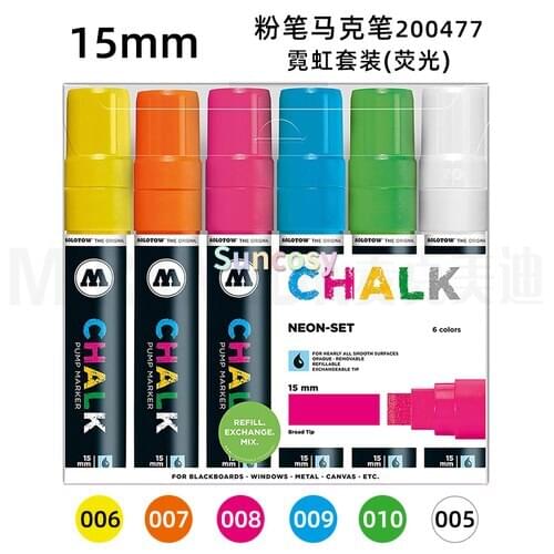 Molotow Chalk Marker Neon Set, 15mm Nib, Assorted Colors, Set of 6 Markers, 1 Set Each (200.477)