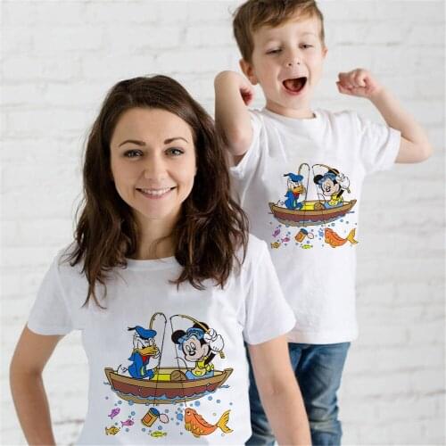 Fashion Mickey Mouse Donald Duck Fishing Print Baby Kids T Shirts Short Sleeve Cartoon Kawaii Fmaily Look Unisex Adult Clothes
