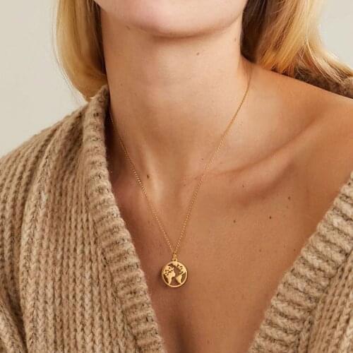 Coin Disc World Map Pendant Necklace for Women Cutout Earth Globe Outline Layering Stainless Steel Minimalist Travel Jewelry