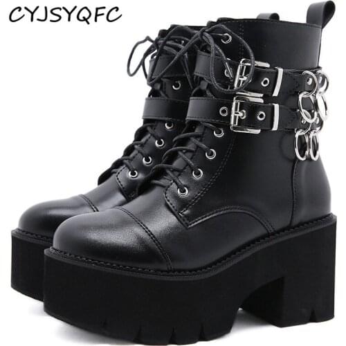 CYJSYQFC Sexy Chain Women Leather Autumn Ankle Boots Block Heels Gothic Black Punk Style Platform Shoes Short Boots Top Quality