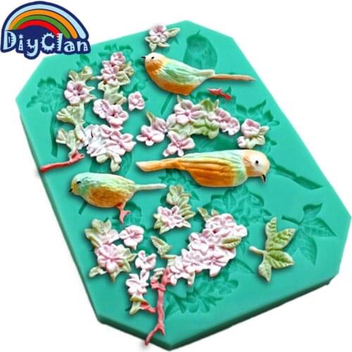 Magpie and flower silicone cake decorating mold bird fondant mould for chocalate or cupcake decoration baking tools