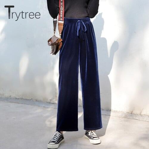 Trytree 2020 Autumn Winter Women Casual Pants Solid 6 Colour Elastic Waist Drawstring Long Pants Fashion Loose Wide leg Pants