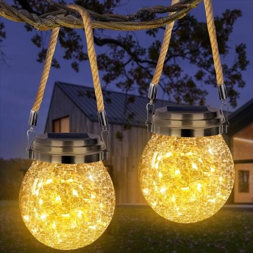 Upgrade Solar Lantern Outdoor, 2 Pack 30 LED Solar Hanging Lamps Glass Jar Fairy Lights for Garden Fence Party Table Decoration