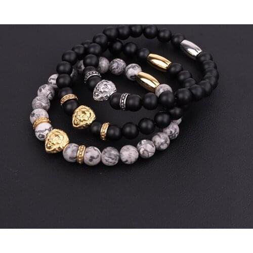 High Quality Natural Stone Men Bracelet Stainless Steel Lion Head Charm Elastic Bracelet Jewelry Men