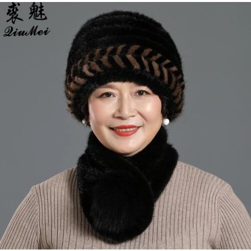 Lady Winter Genuine Mink Fur Hats Scarves With Real Fox Ball Knit Women Warm Natural Fur Caps Scarves Sets 2 Pieces Hat Muffle