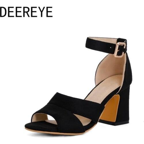 Fashionable Women Suede Ankle Strap Upper Triangular Hollow Woman Square Heels Shoes Open Toe Non-Slip Sandals Size 30-48