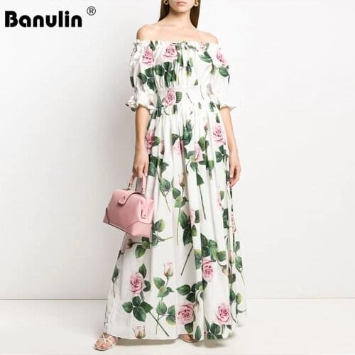 Banulin Summer Fashion Runway Boho Maxi Dresses Womens Off Shoulder Puff Sleeve Flowers Print Holiday Elegant Party Long Dress