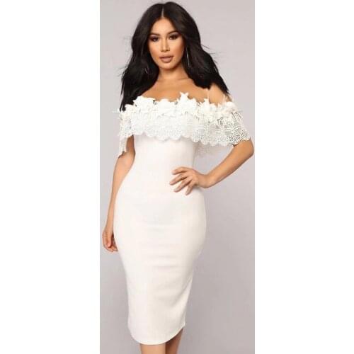 2020 WomenS Night Sexy Party Bandage Slash neck Dress Bodycon White Mid-Calf Summer Off the shoulder Celebrity Party Dress