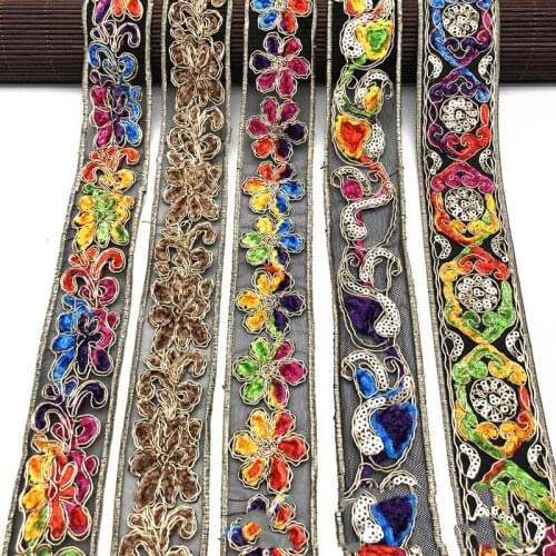 1 Yards Flower Sequin Lace Fabric Embroidery Ribbons Trims Floral DIY Apparel Sewing for Shoes Bags Headdress Craft Designer