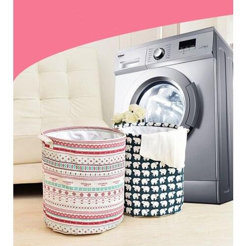 1PC Cotton Linen Large Foldable Laundry Storage Basket for Kids Toys Sundries Organizer Barrel with Leather Handle OK 0545