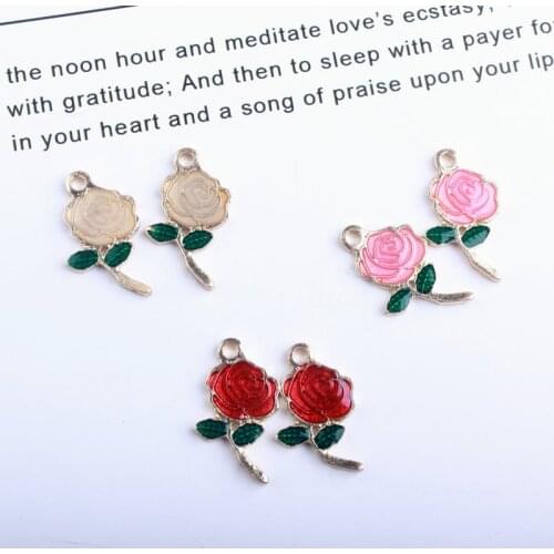 10pcs Rose Enamel Charms Earring Flower Golden Alloy Pendant Bracelets Neaklace Floating For DIY Jewelry Accessories YZ092