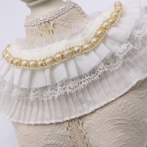7.5cm White Pearl Beaded Cotton Chiffon Lace Elastic Ruffle Trim Collar Sewing Clothing Skirt Headwear Applique Guipure Decor