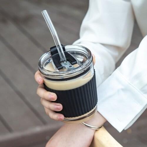 350ml Eco Friendly Thick Glass Coffee Cups With Straw Reusable Travel Drinking Mugs For Juice Milk Cafe