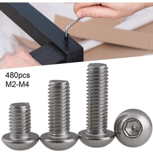 480Pcs M2-M4 Hexagon Socket Screws Stainless Steel Hex Socket Round Head Cap Bolts Nuts Kit Fasteners for Repairing