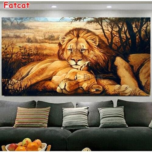 5D DIY Full round square Diamond Diamond Lion Couple Cross Stitch African wild Animal Rhinestone Embroidery Mosaic Decor PP2292