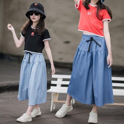 4 To 16 Y,Kids Denim Pants Bow Girls Jeans Casual 2021 New Children Summer Clothes Thin Wide Leg Pants Loose Ankle Lenth,#6204
