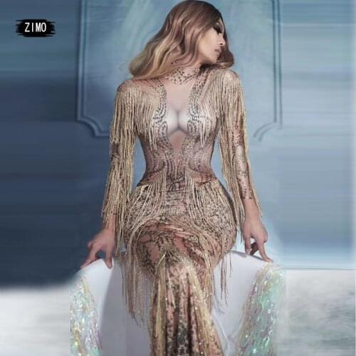 Fashion dress prom rhinestone print fringed birthday wedding party maxi dress nightclub concert singer drag queen party costumes