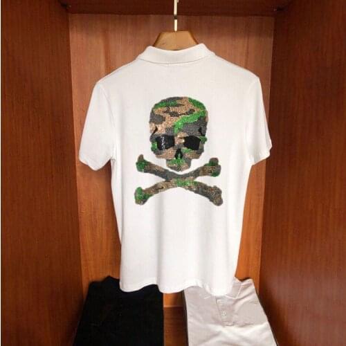 Explosive Hot Selling Mens Polo Shirt Slim Shiny Diamond Short Sleeve Brand Camouflage Personality Design Skull Plus